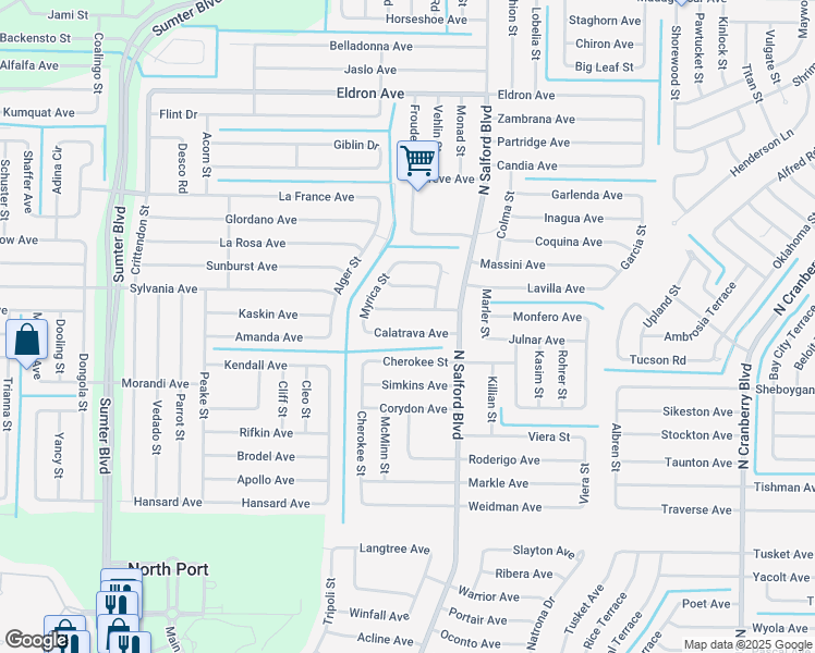 map of restaurants, bars, coffee shops, grocery stores, and more near 4148 Calatrava Avenue in North Port