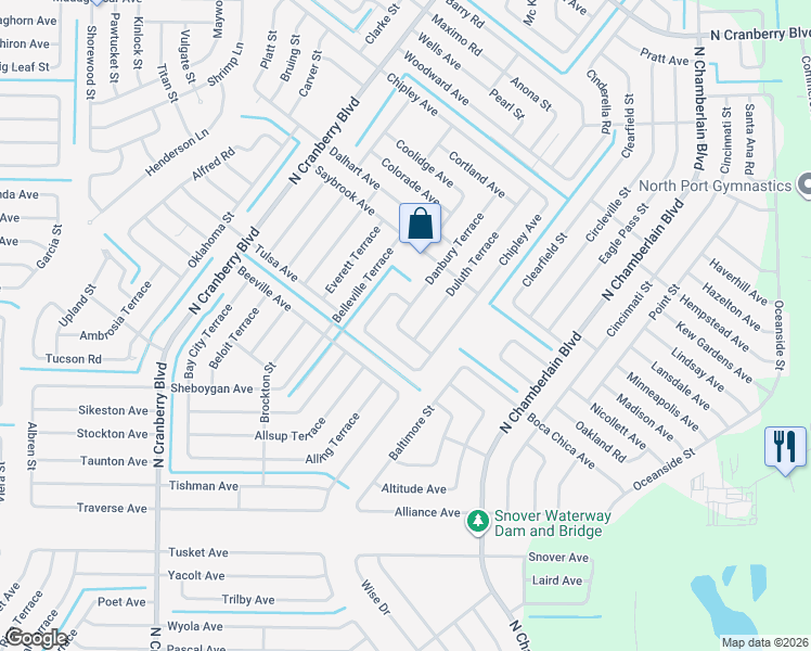map of restaurants, bars, coffee shops, grocery stores, and more near 3616 Danbury Terrace in North Port