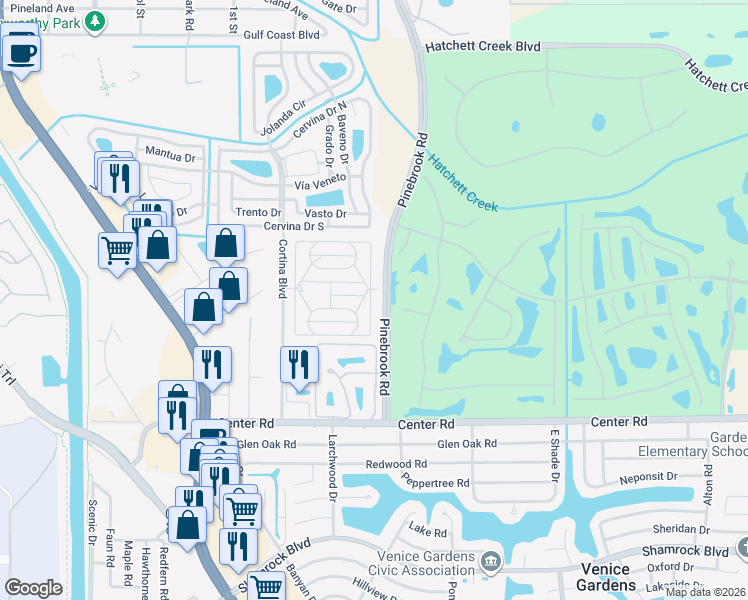 map of restaurants, bars, coffee shops, grocery stores, and more near 376 Longwood Drive in Venice