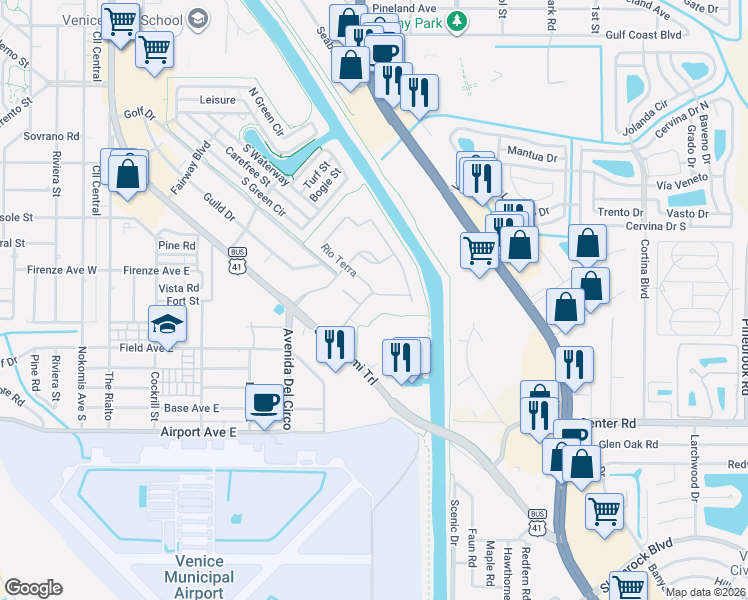 map of restaurants, bars, coffee shops, grocery stores, and more near 125 Rio Terra in Venice