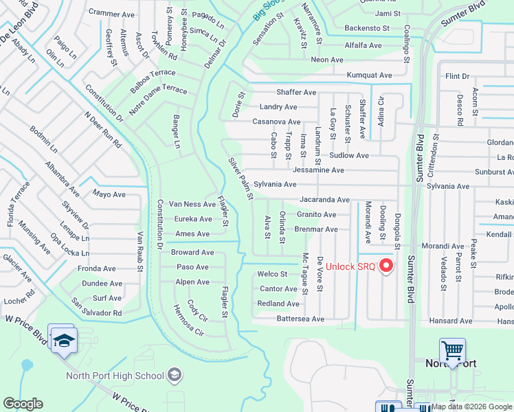 map of restaurants, bars, coffee shops, grocery stores, and more near 5714 Jacaranda Avenue in North Port