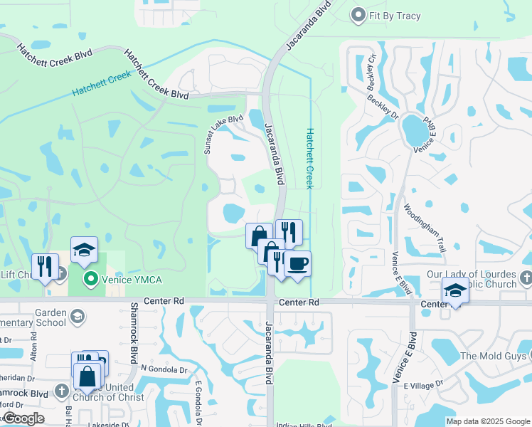 map of restaurants, bars, coffee shops, grocery stores, and more near 1121 Jacaranda Boulevard in Venice
