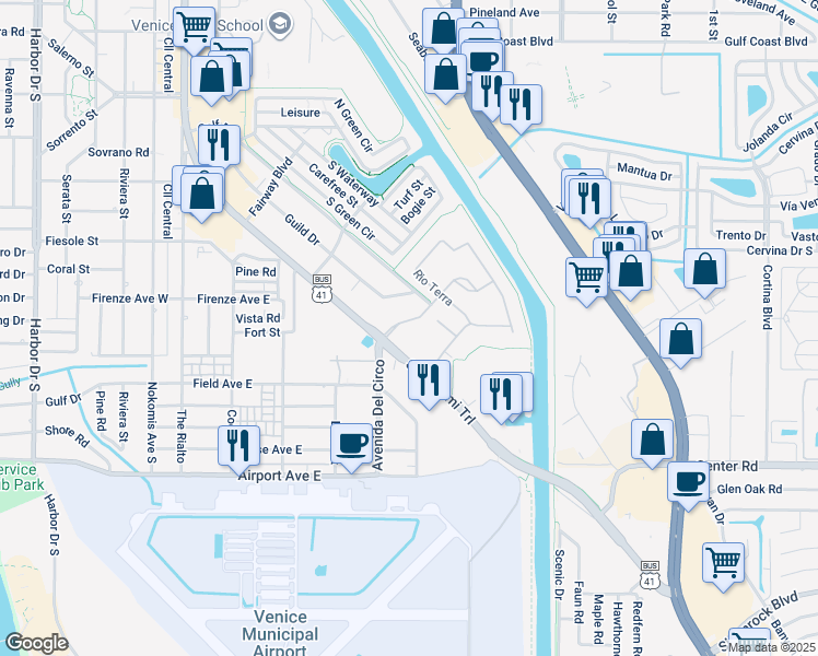 map of restaurants, bars, coffee shops, grocery stores, and more near 116 Amora Avenue in Venice