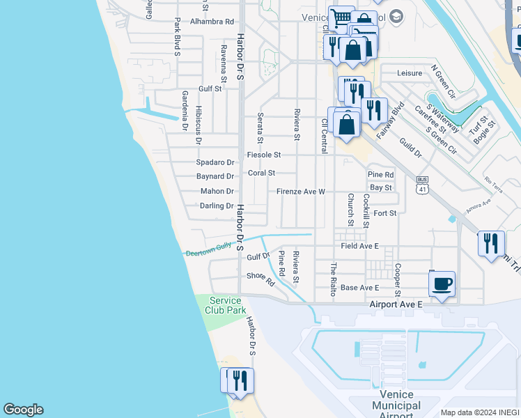 map of restaurants, bars, coffee shops, grocery stores, and more near 302 Short Road in Venice