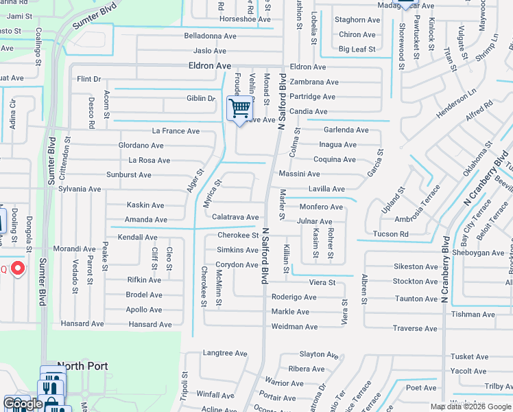 map of restaurants, bars, coffee shops, grocery stores, and more near 4035 Donatello Avenue in North Port