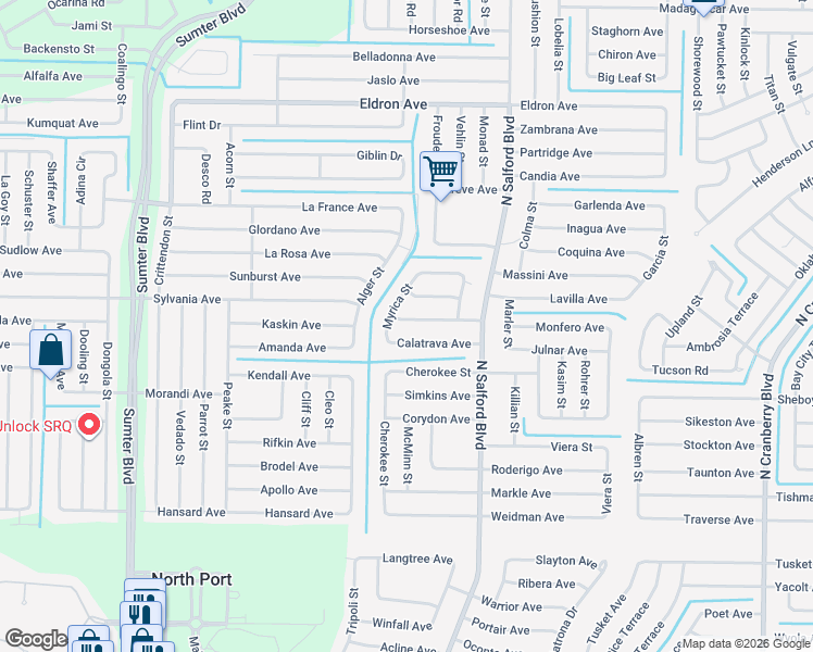 map of restaurants, bars, coffee shops, grocery stores, and more near 4255 Donatello Avenue in North Port