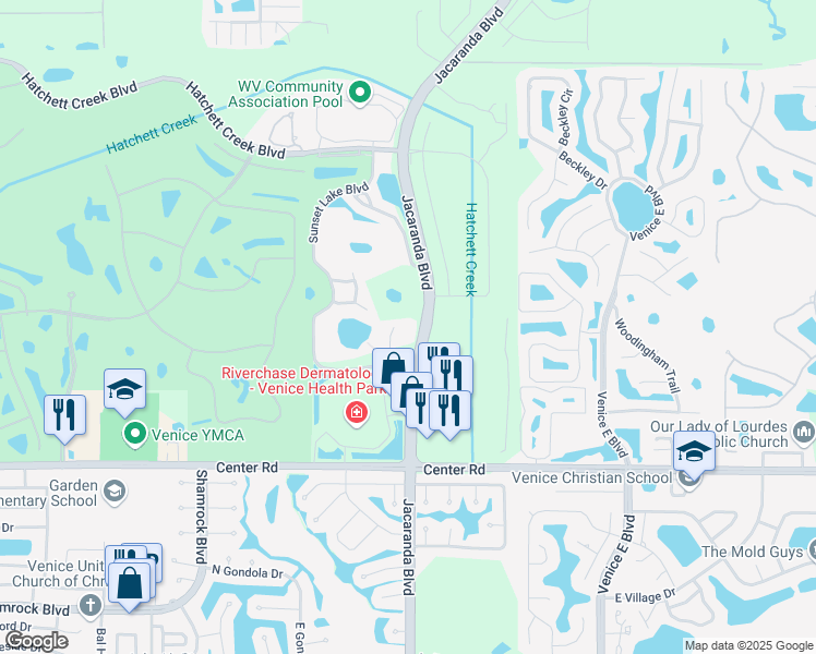 map of restaurants, bars, coffee shops, grocery stores, and more near 1121 Jacaranda Boulevard in Venice