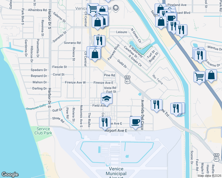 map of restaurants, bars, coffee shops, grocery stores, and more near 163 Vista Road in Venice
