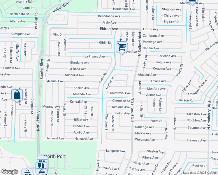 map of restaurants, bars, coffee shops, grocery stores, and more near 4255 Donatello Avenue in North Port