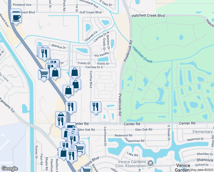 map of restaurants, bars, coffee shops, grocery stores, and more near 495 Sandrift Drive in Venice