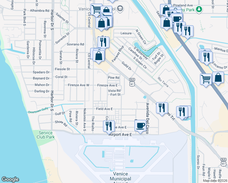 map of restaurants, bars, coffee shops, grocery stores, and more near 163 Vista Road in Venice