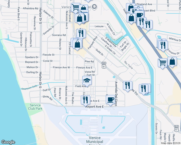 map of restaurants, bars, coffee shops, grocery stores, and more near 163 Vista Road in Venice