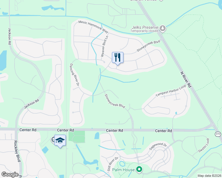 map of restaurants, bars, coffee shops, grocery stores, and more near 11379 Dancing River Drive in Venice