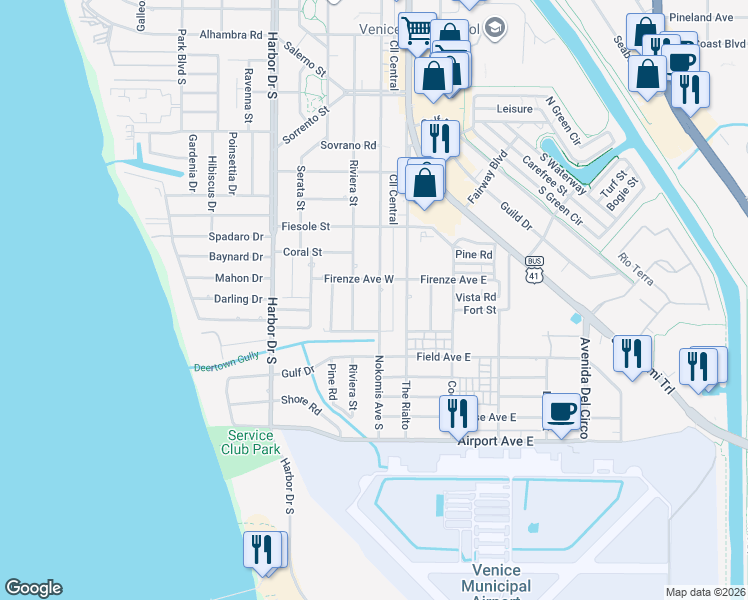 map of restaurants, bars, coffee shops, grocery stores, and more near 916 Nokomis Avenue South in Venice