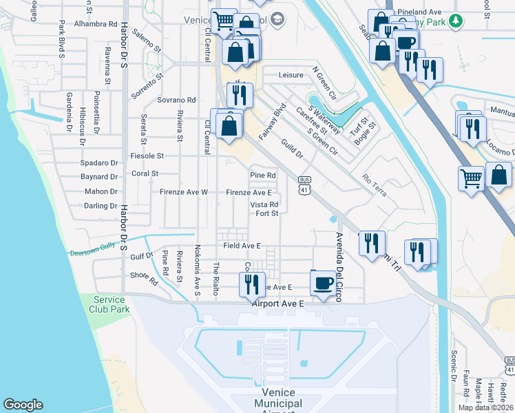 map of restaurants, bars, coffee shops, grocery stores, and more near 163 Vista Road in Venice
