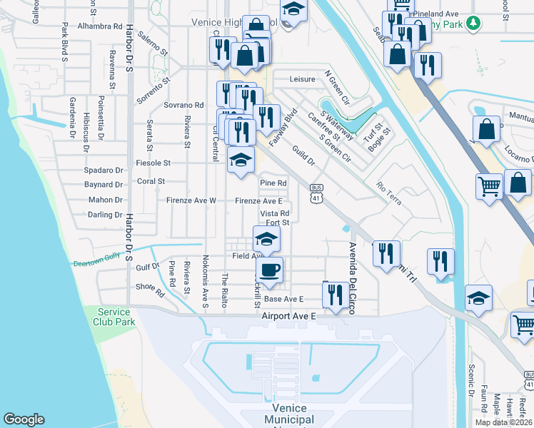 map of restaurants, bars, coffee shops, grocery stores, and more near 163 Vista Road in Venice