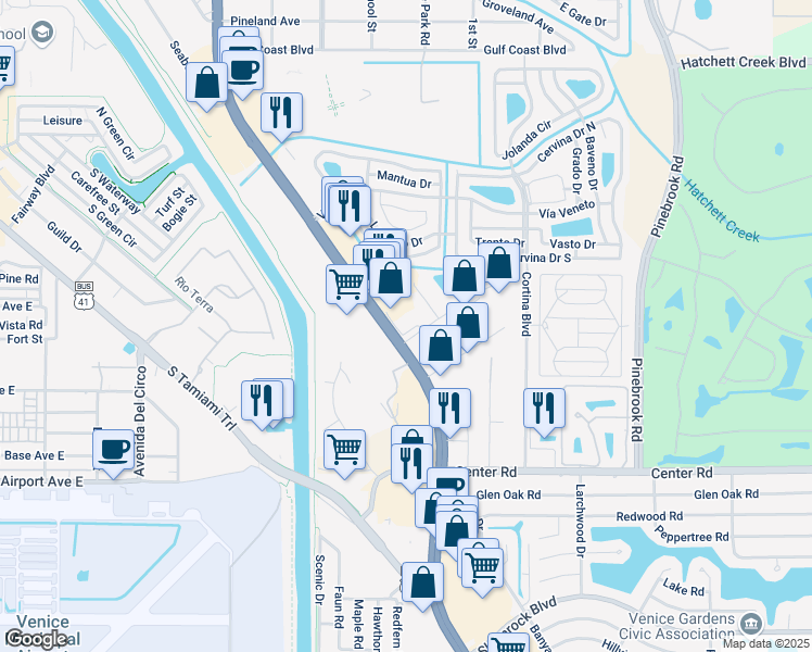 map of restaurants, bars, coffee shops, grocery stores, and more near 1261 U.S. 41 Bypass in Venice