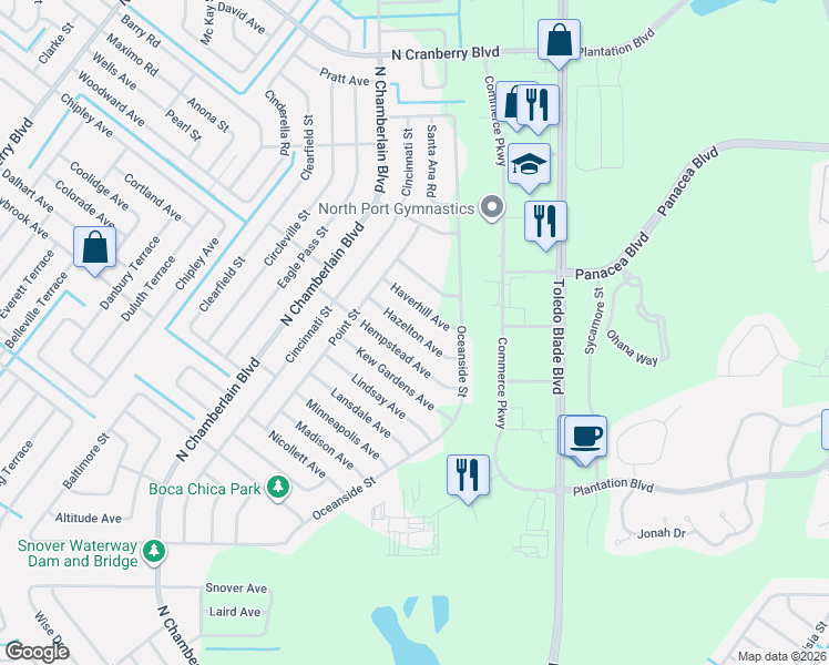 map of restaurants, bars, coffee shops, grocery stores, and more near 1550 Hazelton Avenue in North Port