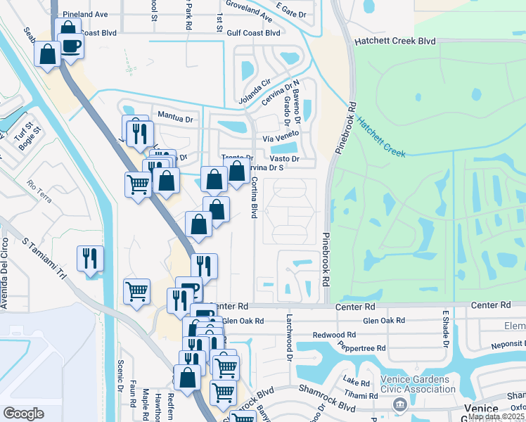 map of restaurants, bars, coffee shops, grocery stores, and more near Longwood Drive in Venice