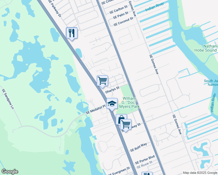 map of restaurants, bars, coffee shops, grocery stores, and more near 7923 Southeast Villa Circle in Hobe Sound