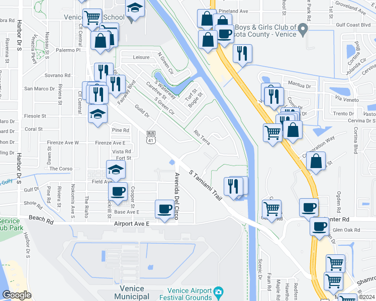 map of restaurants, bars, coffee shops, grocery stores, and more near 113 Amora Avenue in Venice