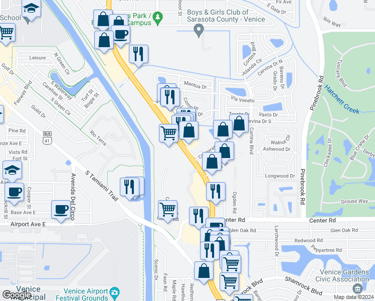 map of restaurants, bars, coffee shops, grocery stores, and more near 1229 U.S. 41 Bypass in Venice