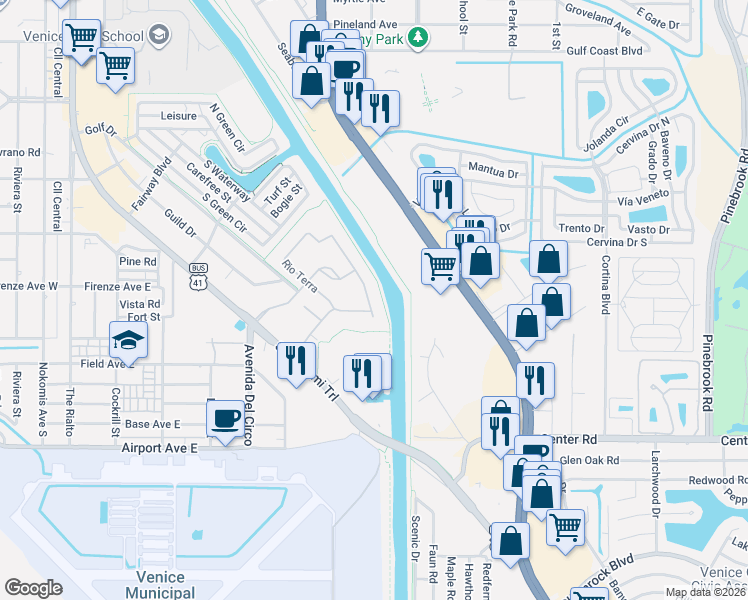 map of restaurants, bars, coffee shops, grocery stores, and more near 206 Rio Terra in Venice