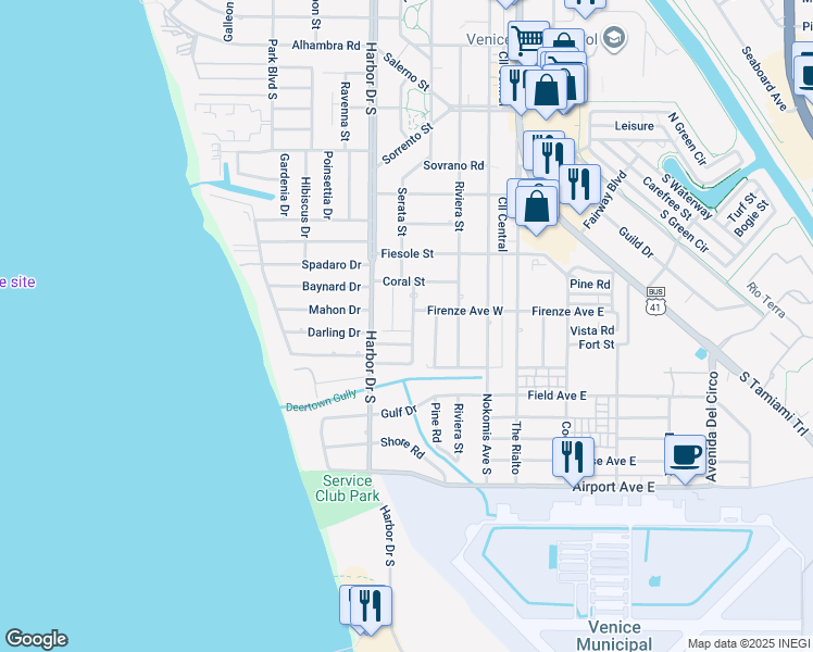 map of restaurants, bars, coffee shops, grocery stores, and more near 302 Short Road in Venice