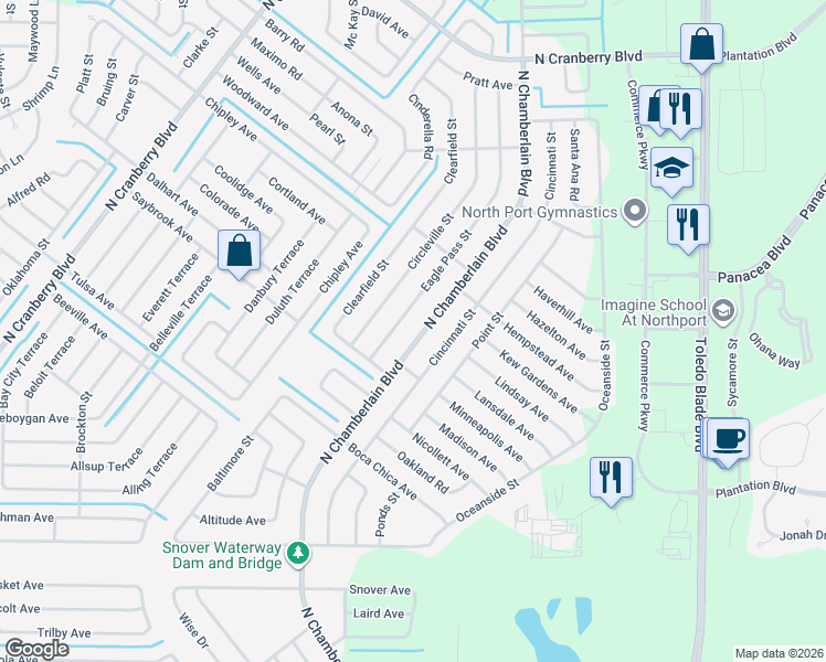 map of restaurants, bars, coffee shops, grocery stores, and more near 3147 North Chamberlain Boulevard in North Port