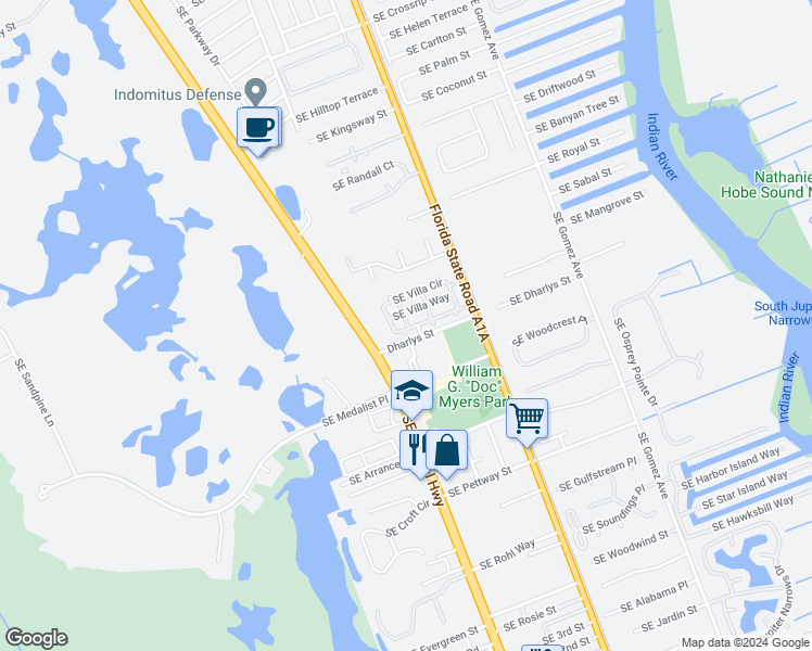 map of restaurants, bars, coffee shops, grocery stores, and more near 7957 Southeast Villa Circle in Hobe Sound