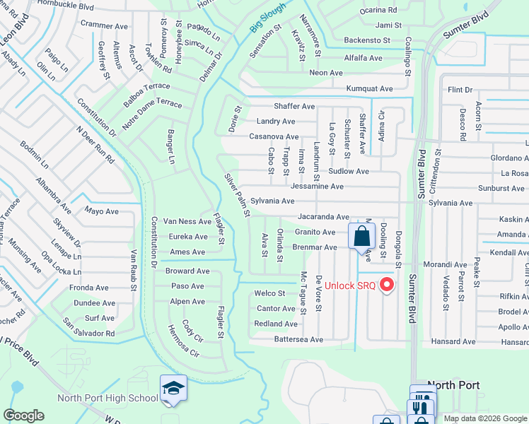 map of restaurants, bars, coffee shops, grocery stores, and more near 5714 Jacaranda Avenue in North Port