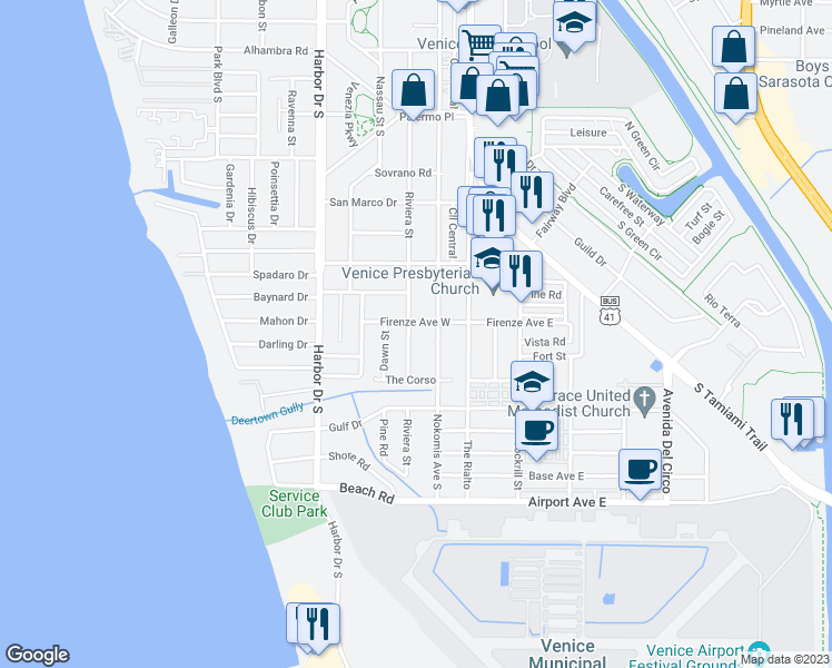 map of restaurants, bars, coffee shops, grocery stores, and more near 905 Riviera Street in Venice