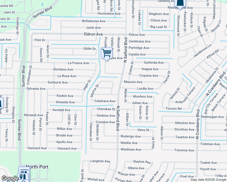 map of restaurants, bars, coffee shops, grocery stores, and more near 4035 Donatello Avenue in North Port