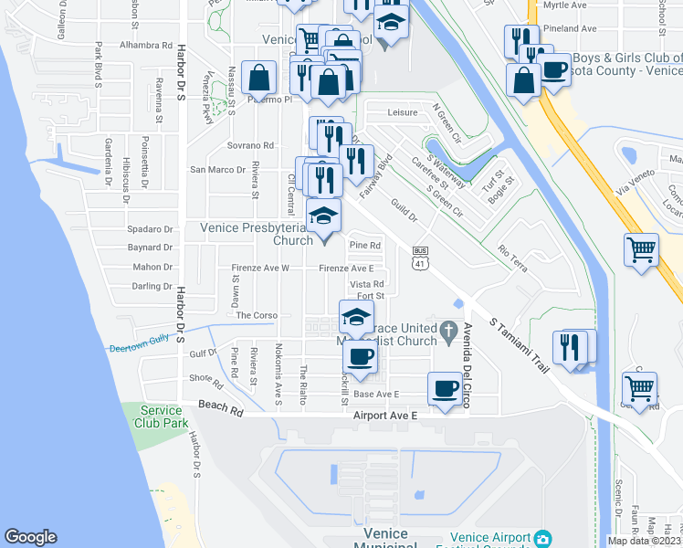 map of restaurants, bars, coffee shops, grocery stores, and more near 913 Church Street in Venice