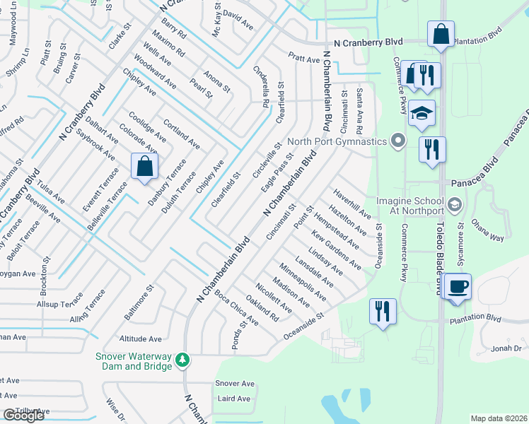 map of restaurants, bars, coffee shops, grocery stores, and more near 3147 North Chamberlain Boulevard in North Port