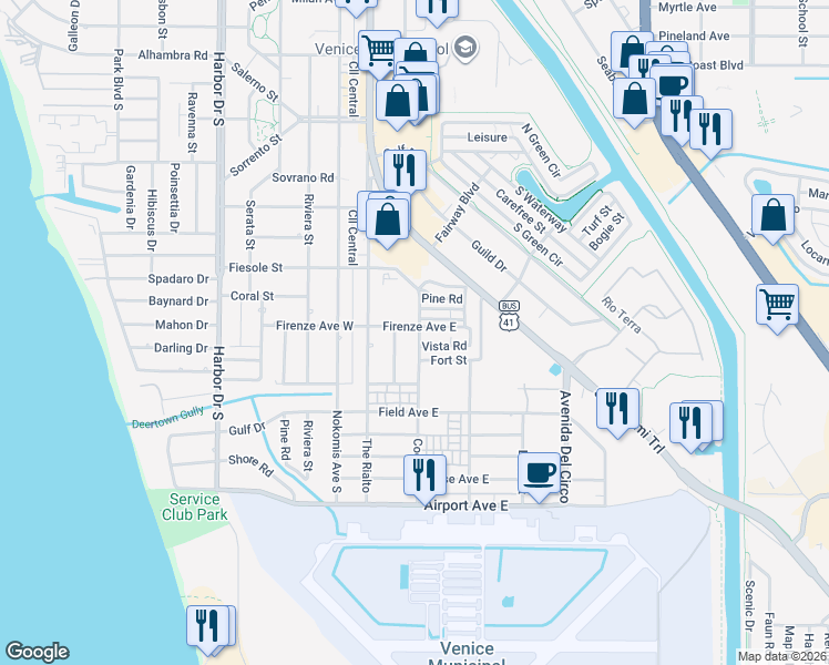 map of restaurants, bars, coffee shops, grocery stores, and more near 913 Church Street in Venice