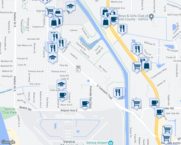map of restaurants, bars, coffee shops, grocery stores, and more near 848 Guild Drive in Venice