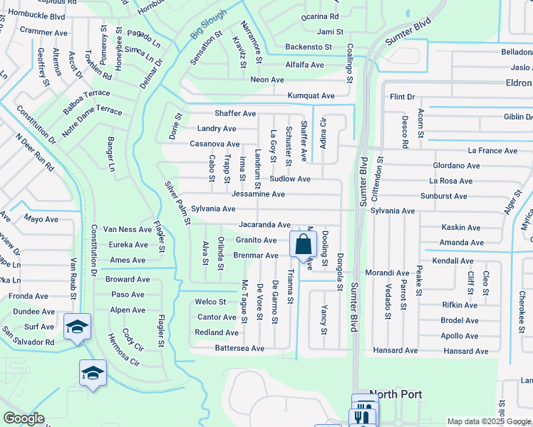 map of restaurants, bars, coffee shops, grocery stores, and more near 5483 Sylvania Avenue in North Port