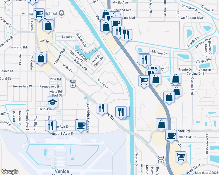 map of restaurants, bars, coffee shops, grocery stores, and more near 104 Corte Del Rosa in Venice