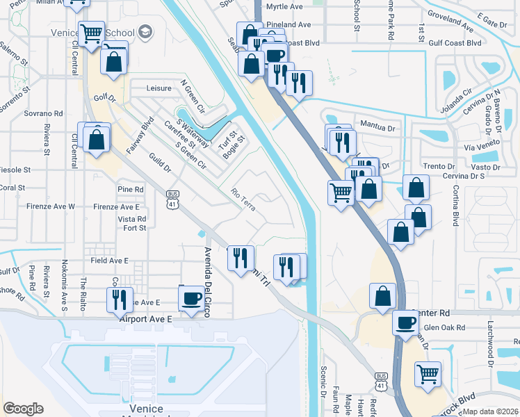 map of restaurants, bars, coffee shops, grocery stores, and more near 104 Corte Del Rosa in Venice