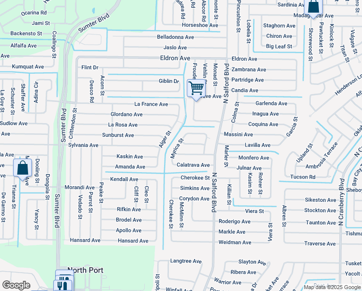 map of restaurants, bars, coffee shops, grocery stores, and more near 4299 Nahkoda Avenue in North Port
