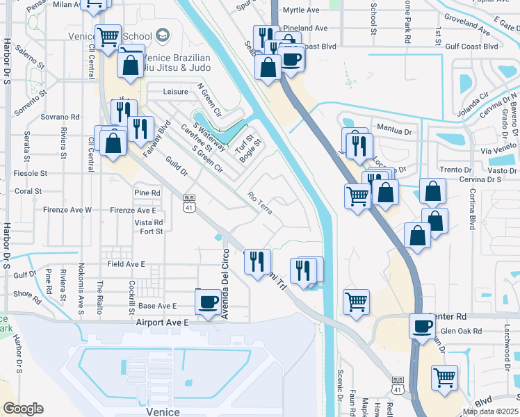 map of restaurants, bars, coffee shops, grocery stores, and more near 336 Rio Terra in Venice