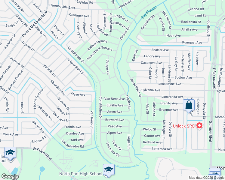map of restaurants, bars, coffee shops, grocery stores, and more near Hamer Terrace in North Port