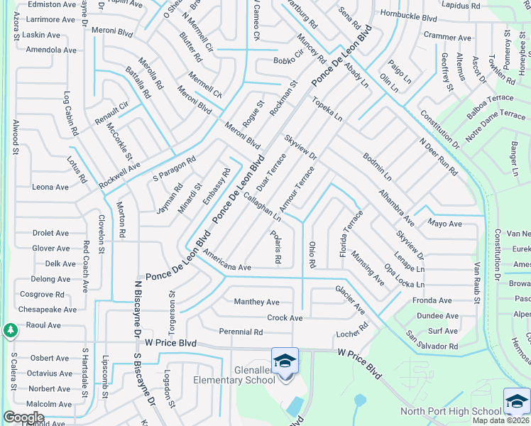 map of restaurants, bars, coffee shops, grocery stores, and more near 2998 Cordova Terrace in North Port