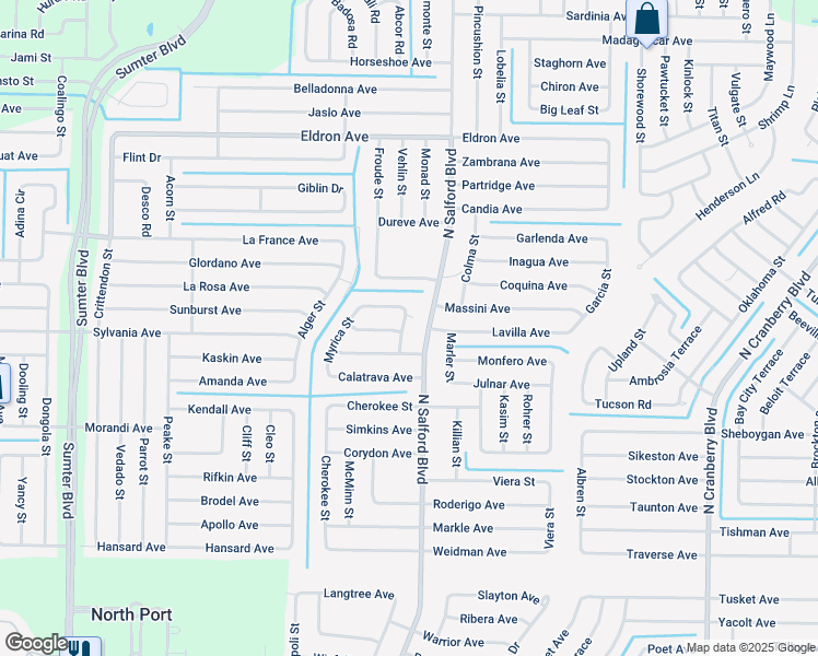 map of restaurants, bars, coffee shops, grocery stores, and more near 3149 North Salford Boulevard in North Port