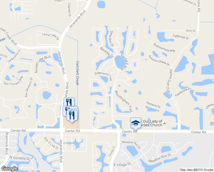 map of restaurants, bars, coffee shops, grocery stores, and more near 648 Sugarwood Trail in Venice