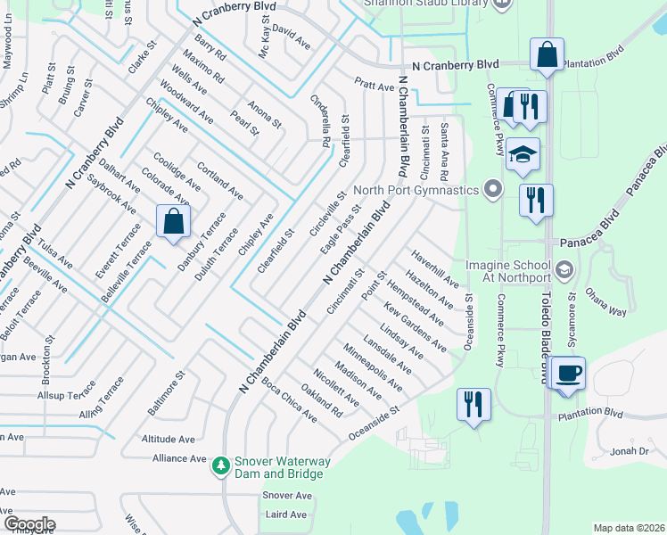 map of restaurants, bars, coffee shops, grocery stores, and more near 3317 North Chamberlain Boulevard in North Port