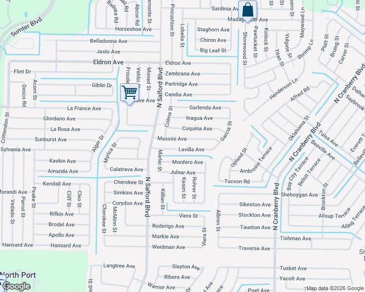 map of restaurants, bars, coffee shops, grocery stores, and more near 3809 Massini Avenue in North Port