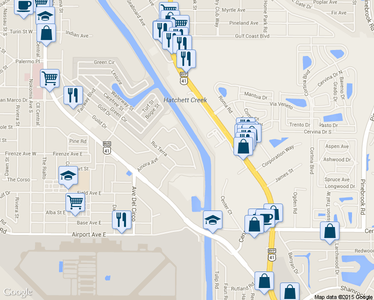 map of restaurants, bars, coffee shops, grocery stores, and more near 231 Rio Terra in Venice