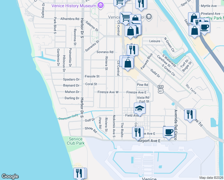 map of restaurants, bars, coffee shops, grocery stores, and more near 828 Nokomis Avenue South in Venice